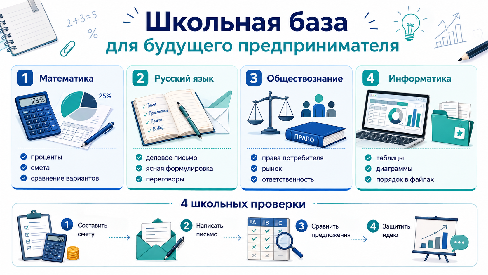 Школьная база для будущего предпринимателя: математика, русский язык, обществознание и информатика как основа для расчётов, деловой переписки, понимания рынка и работы с данными.